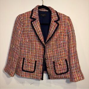 Talbots Vibrant Tweed Blazer with Black Trim size 10p office boho 90’s Y2K
